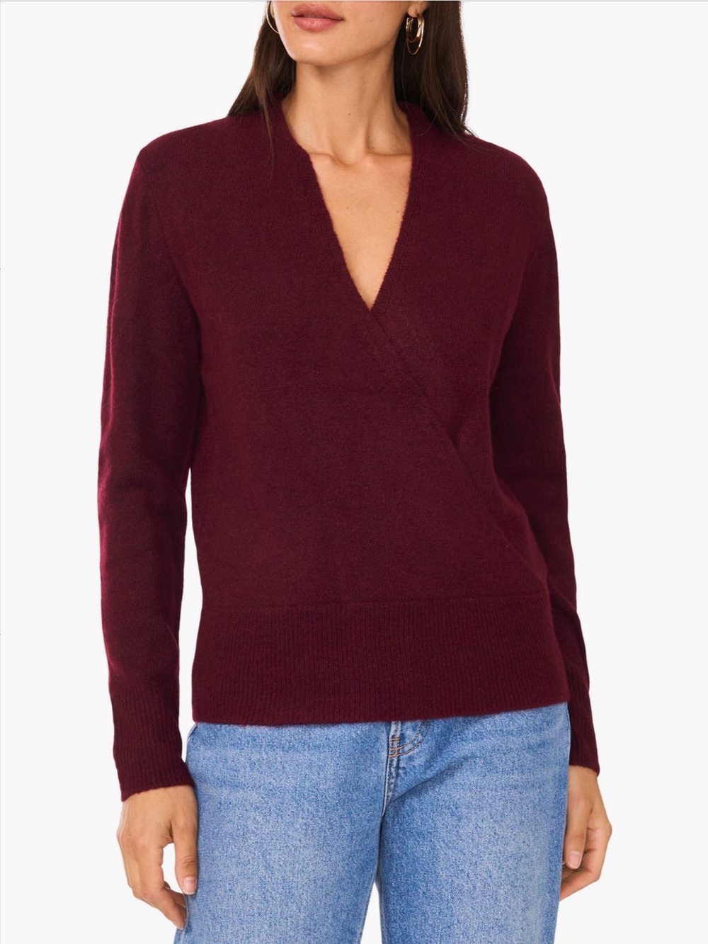 1. STATE Burgundy Surplice V-Neck Faux Wrap Sweater S
